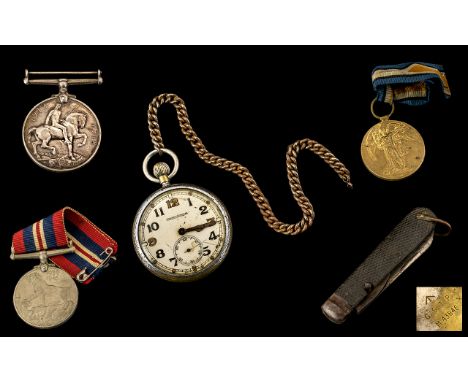 Military Interest Two WWI Medals and WWII medal. Along with large pen knife a Jaeger Le Coultre military pocket watch (in wor