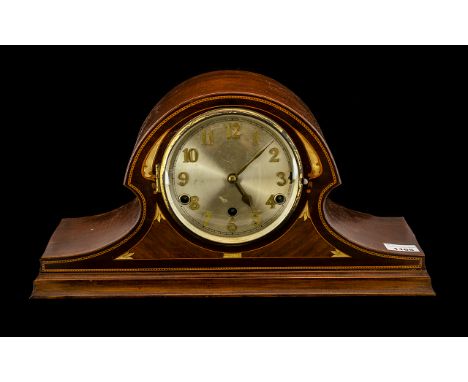 Edwardian Mahogany Cased Napolean Hat Shaped Mantle Clock, with inlaid mother-of-pearl, Westminster chimes on rods.  Three ho