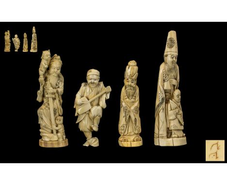 Japanese Meiji Period Small Collection of 4 ( Four ) Well Carved Ivory Figures of Various Subjects, Sizes. Consisting of 1/ A