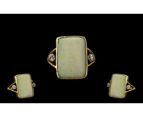 Antique Period 18ct Gold Attractive Opal &amp; Diamond Set Dress Ring.  Marked 18ct.  Ring size O.  The large rectangular sha