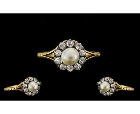 18ct Gold Diamond And Pearl Cluster Ring Central 5.7mm Pearl Surrounded By 10 Old Round Cut Diamonds, Claw Set. Estimated Dia