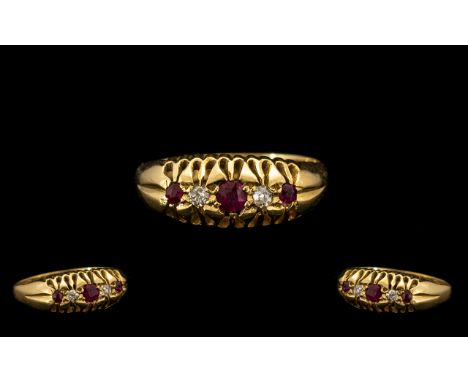 18ct Yellow Gold Attractive 5 Stone Ruby &amp; Diamond Set Ring  in a gallery setting.  Diamonds and rubies of excellent colo