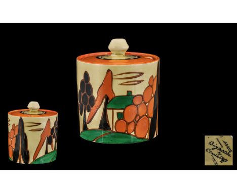 Clarice Cliff Hand Painted 1930's Lidded Preserve Pot ' Fantasque ' Range ' Trees and House ' Orange Design. c.1929. 4 Inches