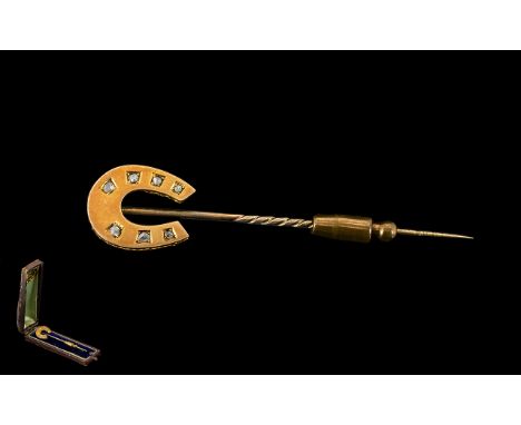 Antique Period 9ct Gold Horseshoe Diamond Set Stick Pin, not marked but tests gold.  The pin itself is gilt metal, set with  