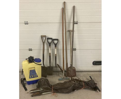 A collection of vintage garden tools to include a ladies border fork and spade by Spear &amp; Jackson. Together with a backpa