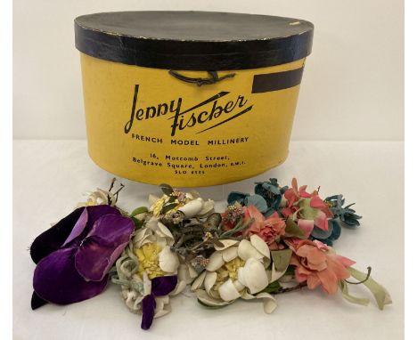 A vintage Jenny Fischer French Model Millinery, London, Hat box. Containing a collection of vintage silk and fabric flowers u