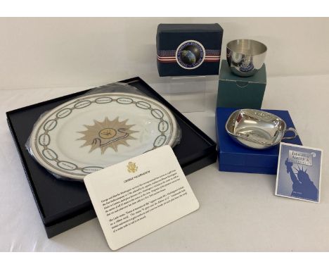 A collection of boxed souvenir gifts from visiting American Dignitaries. To include: Kirk Steiff Pewter cup, Pewter Nut Bowl 