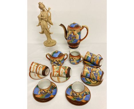 A vintage hand painted and gilt Japanese ceramic 6 setting coffee set. Together with an Oriental resin figurine and a small q