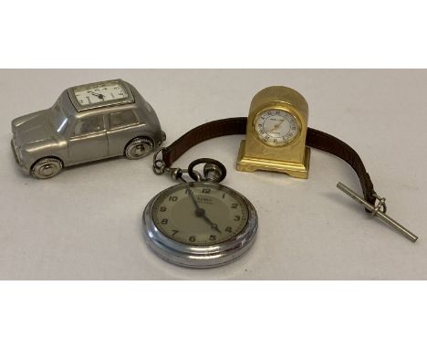 2 miniature novelty clocks, a Mini car by Royale and a mantle clock by Park Lane. Together with a vintage Siro pocket watch o