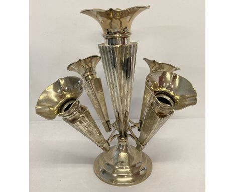 An antique silver epergne with 4 fluted removable vases and engine turned decoration. Repair to one vase bracket. Hallmarked 