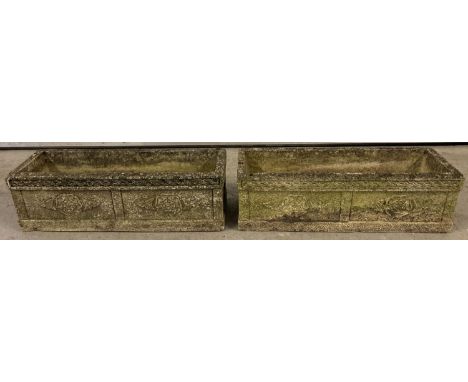 A pair of rectangular trough Cotswold Studios U27 stone planters with carved rose detail to sides.  Approx 18 x 61 x 21cm.