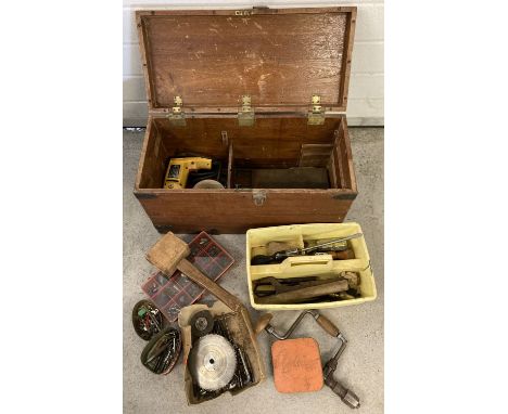 A vintage pine metal banded tool chest with carry handles and contents. To include: drill bits, a wooden mallet, a vintage Ra