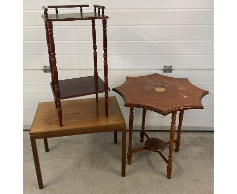 A reproduction occasional table with inlaid detail to top. Together with a vintage coffee table and a reproduction leather to