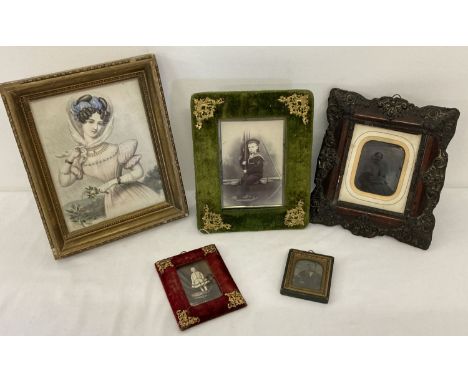 4 antique framed photograph portraits to include daguerreotype portrait of a gentleman. Together with a gilt framed pencil an