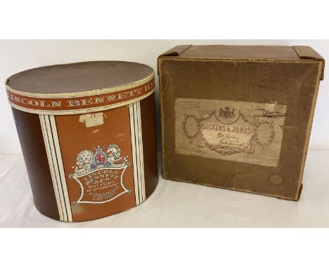 2 vintage carboard hat boxes. A square Dickens &amp; Jones, Regent St, London hat box together with an oval Lincoln Bennett &