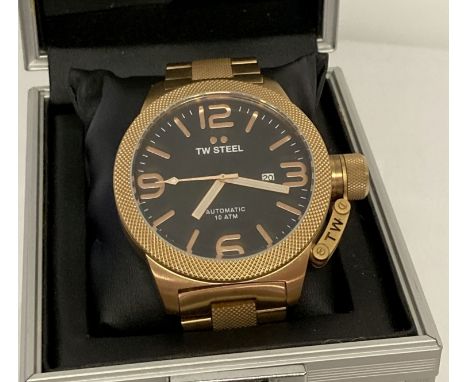 A men's TW-Steel Canteen automatic wristwatch with gold stainless steel case and strap. Engine turned detail to both case and