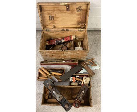 A vintage hardwood tool chest with interior trays and vintage tools. To include: Marples wooden handled chisels, Marples smoo