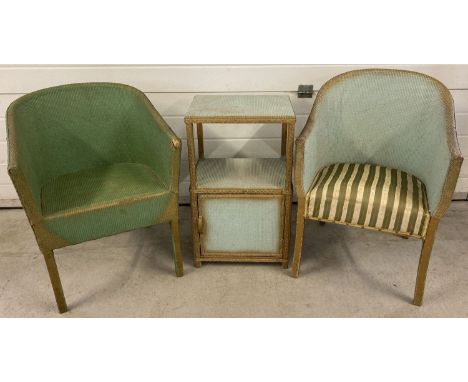 A vintage blue &amp; gold painted Lloyd loom style bucket chair &amp; matching bedside cabinet. Together with a vintage green