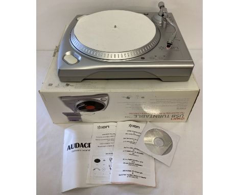 A boxed Ion USB turntable, complete with cables, instruction manual and installation disc.  