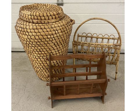 A vintage wicker Ali Baba laundry basket together with 2 magazine racks; 1 wooden &amp; 1 wicker.  