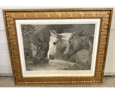 A large gilt framed and glazed antique engraving entitled "Three Members Of The Temperance Society". Depicting three horses, 