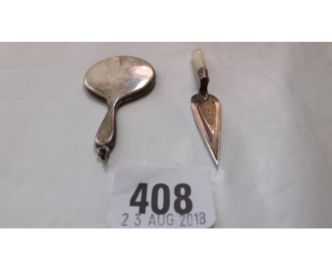 Trowel shaped bookmark with MOP handle, Glasgow  1928 by WHC and a miniature hand mirror    