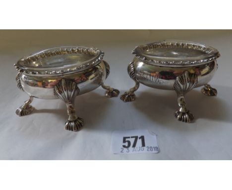 Good pair of early George III oval salts on hoof feet.   4in long. London 1763  By R & D Hemmell   