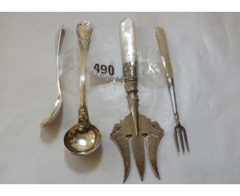 Bread fork with |MOP handle Birmingham 1908 and   two cruet spoons       