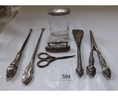 Oval jar, button hooks etc.      