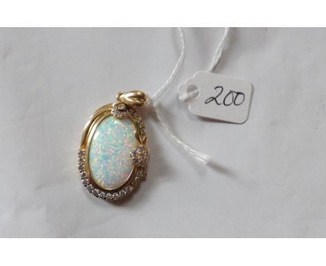 14ct gold mounted opal & white stone pendant  3cm in length        