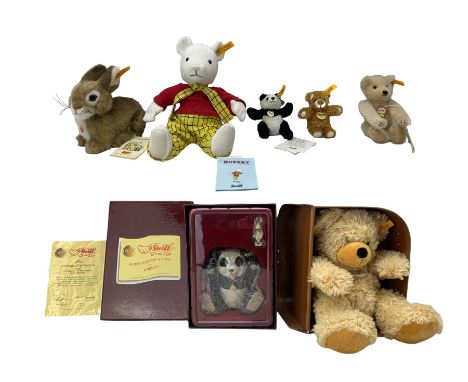 Group of Steiff teddy bears, comprising, Rupert Classic 017018, Petsy 029523, Rabbit 077708,  Past Time Teddy Bear with suitc