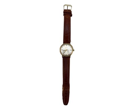 Record de Luxe gentleman's 9ct gold automatic presentation wristwatch, silvered dial with baton hour markers, on later brown 
