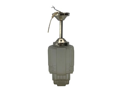 French Art Deco frosted glass architectural form glass pendant light fitting, with faceted chrome fittings, Drop 50cm x W17cm