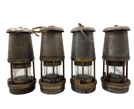 Four steel and brass miners lamps, by Wolf Safety Lamp Co William Morris Ltd, Sheffield, type FS, PO 1972 x2, 1973 and 1974
