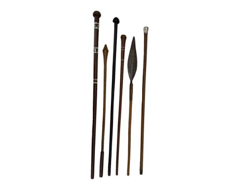 African short spear with bound wooden handle L80cm, Lignum Vitae knobkerrie L89cm, two tribal sticks and two others (6)