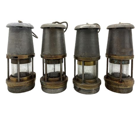 Four steel and brass miners lamps, by Wolf Safety Lamp Co William Morris Ltd, Sheffield, type FS, GPO 1965, 1967 and 1968 x2