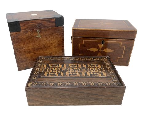 19th century mahogany inalid tea caddy with two brass ring handles, with modern interior, L18cm, Victorian decanter box and a