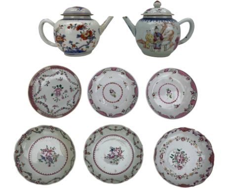 Two 18th century Chinese export teapots, each of globular form, one decorated in the Imari palette and the other decorated in