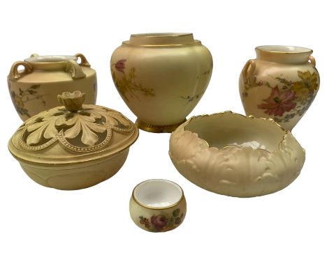 Collection of Royal Worcester blush ivory porcelain to include pot pourri vases (one lacking cover), miniature, and other vas