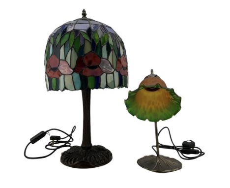 Tiffany design table lamp, with floral domed glass shade and bronzed base, H61cm, together with an Art Nouveau design bronzed