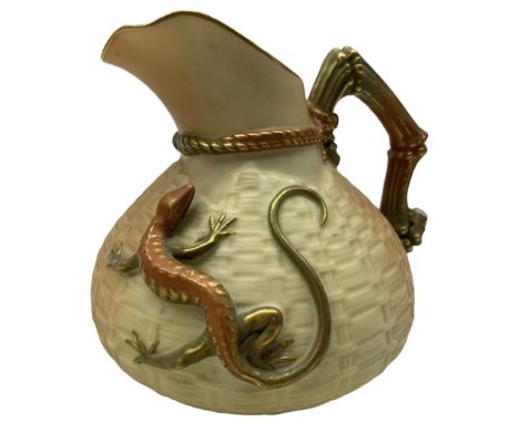 Royal Worcester blush ivory porcelain basket weave jug, relief green gilt-heightened lizard and naturalistic sectioned bamboo