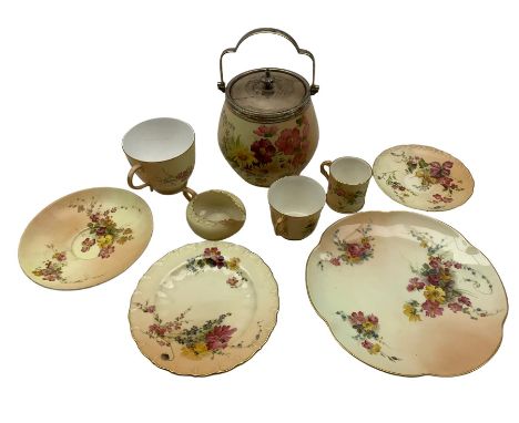Collection of Royal Worcester blush ivory porcelain to include teacups and saucers, milk jug, biscuit barrel and cover (9)