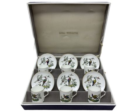Royal Worcester set of six coffee cans and saucers decorated in the Fabulous Birds pattern, Z2622, in original fitted case