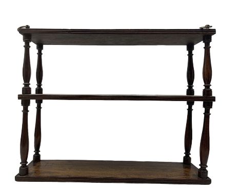 Early 19th century oak and stained beech three-tier hanging wall shelf, reed moulded edge over turned spindle supportsDimensi