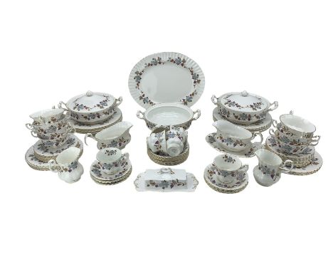 Royal Albert Lorraine pattern part tea and dinner service, comprising six tea cups and eight saucers, two milk jugs, eight di