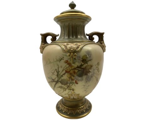 Royal Worcester blush ivory twin handled vase and cover, of ovoid footed form, each side decorated with flowers and thistles,