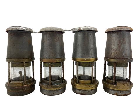 Four steel and brass miners lamps, by Wolf Safety Lamp Co William Morris Ltd, Sheffield, type FS, all PO 1979