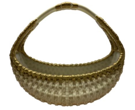 Royal Worcester blush ivory porcelain two-handled basket, with gilt basket-weave decoration, shape number 2526, H24cm