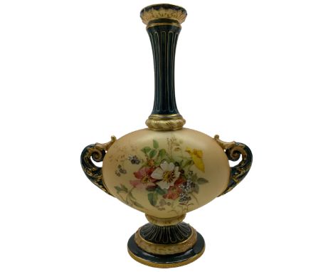 Royal Worcester blush ivory twin handled vase, with fluted neck and oval body, decorated with flowers, shape no. 2051, H23cm 