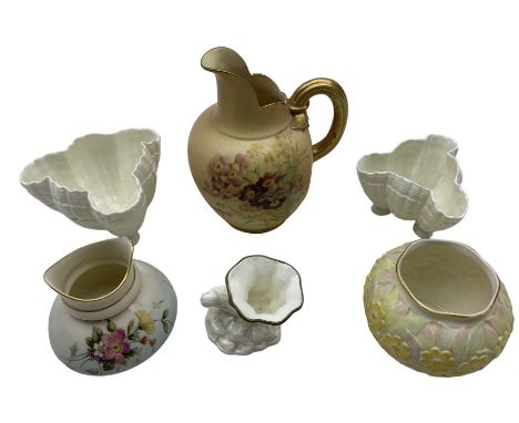 Royal Worcester porcelain to include a blush ivory flatback jug, decorated with flowers, no. 1094, H16cm squat vase no. 991, 